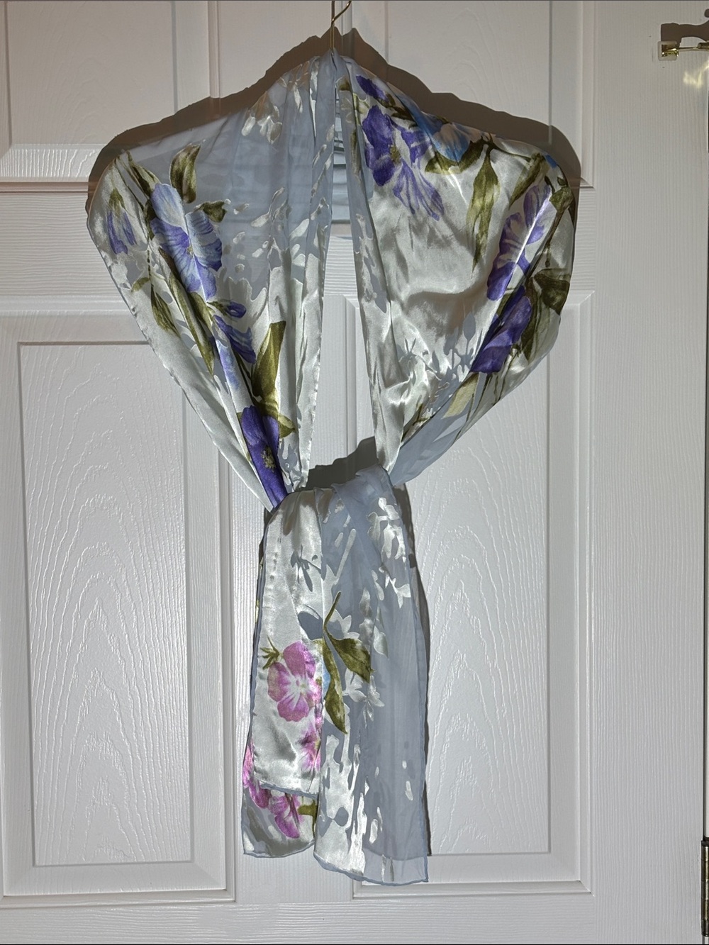 Silk-Like Floral Scarf in White with Purple and Pink Blooms